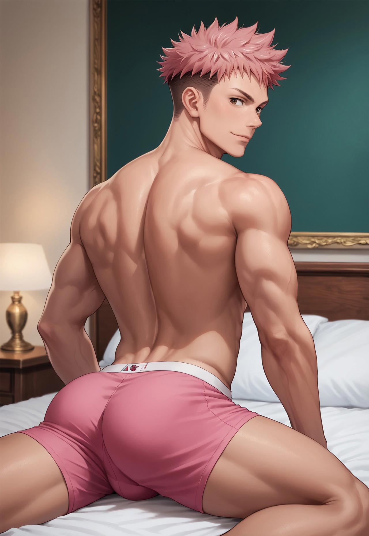 1boy ai_generated arm_behind_head ass ass boxer_briefs brown_eyes bsky_link bulge civitai crotch dvxxxgrai indoors itadori_yuuji jujutsu_kaisen looking_back male male_focus male_only male_underwear nude nude_male on_bed pink_hair pink_male_underwear pink_underwear pony_diffusion_xl smile solo solo_focus solo_male spread_legs tagme toned toned_body toned_male twitter_link undercut underwear