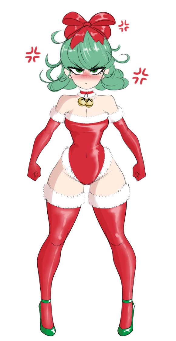 angry_face arm_gloves bells blush blushing_female bow_ribbon cameltoe choker christmas christmas_clothing christmas_headwear christmas_outfit cleavage curly_hair female female_only green_eyes green_hair high_heels leotard medium_breasts sealguy solo solo_female tatsumaki thigh_gap thighhighs thighs thin_female thin_waist