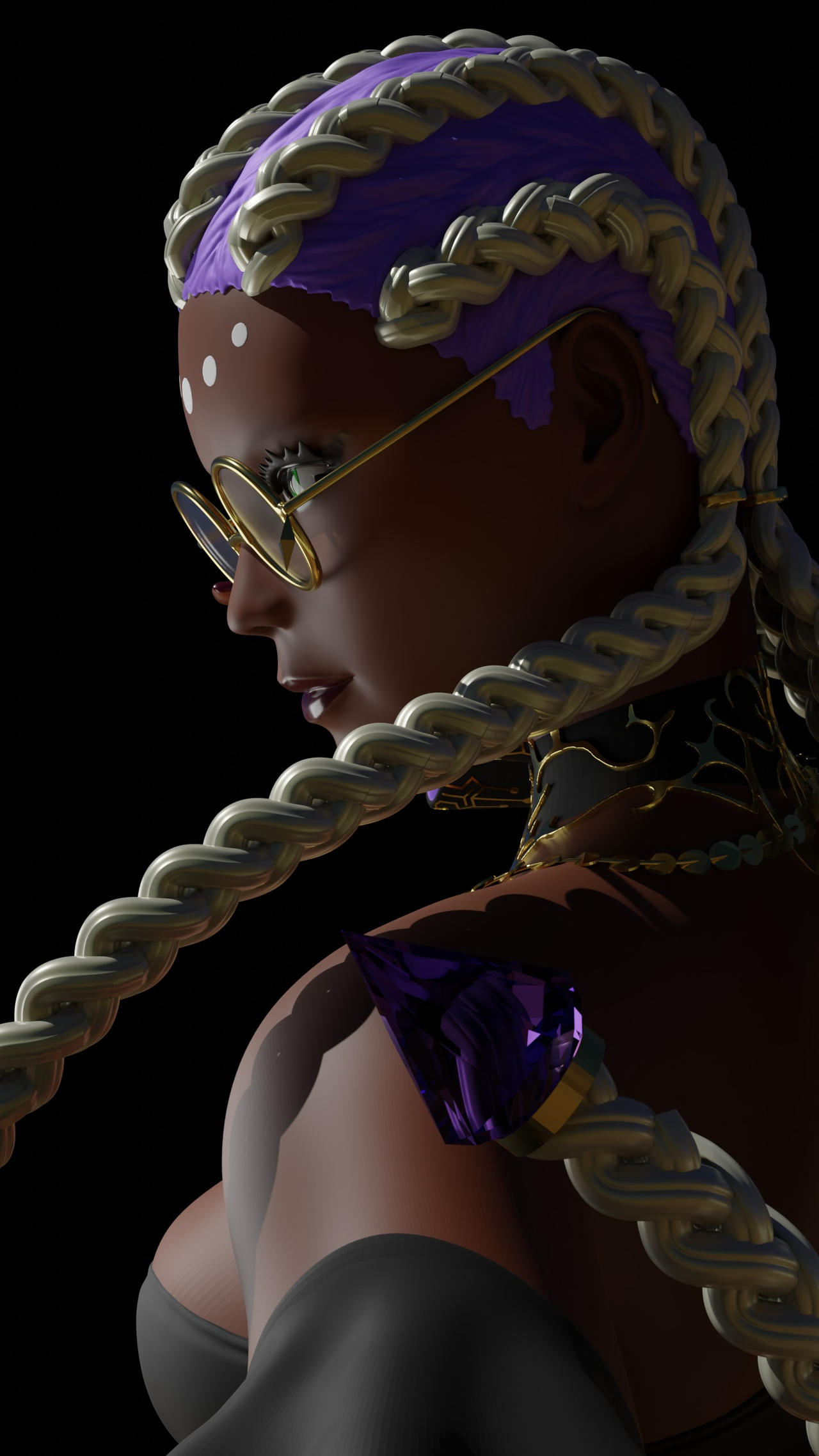 1girls big_breasts bodypaint braided_hair busty crystal curvaceous dark-skinned_female dark_skin dolores_(kof) female glasses gold gold_(metal) green_eyes jewel king_of_fighters long_hair purple_hair round_glasses tied_hair two_tone_hair voluptuous voluptuous_female white_hair