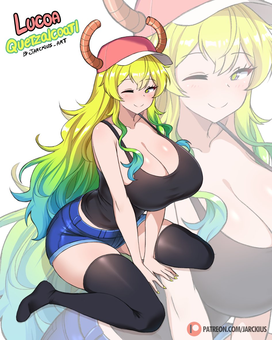 1girls baseball_cap big_breasts black_tank_top black_thighhighs blonde_hair blue_shorts blush bottomwear breasts cleavage clothing female female_only hat headwear horns huge_breasts jarckius legwear long_hair mature mature_female mature_woman miss_kobayashi's_dragon_maid nail_polish nails one_eye_closed quetzalcoatl_(dragon_maid) shorts smile solo solo_female tank_top thick_thighs thighhighs thighs topwear two_tone_hair wink winking yellow_nail_polish yellow_nails