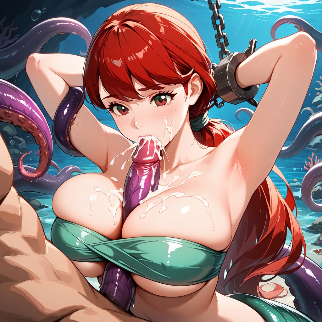 ai_generated ariel_(cosplay) bikini boobjob chained chains cum cum_on_breasts fellatio green_eyes kasumi_yoshizawa paizuri persona_5 red_hair sumire_yoshizawa tentacle titjob