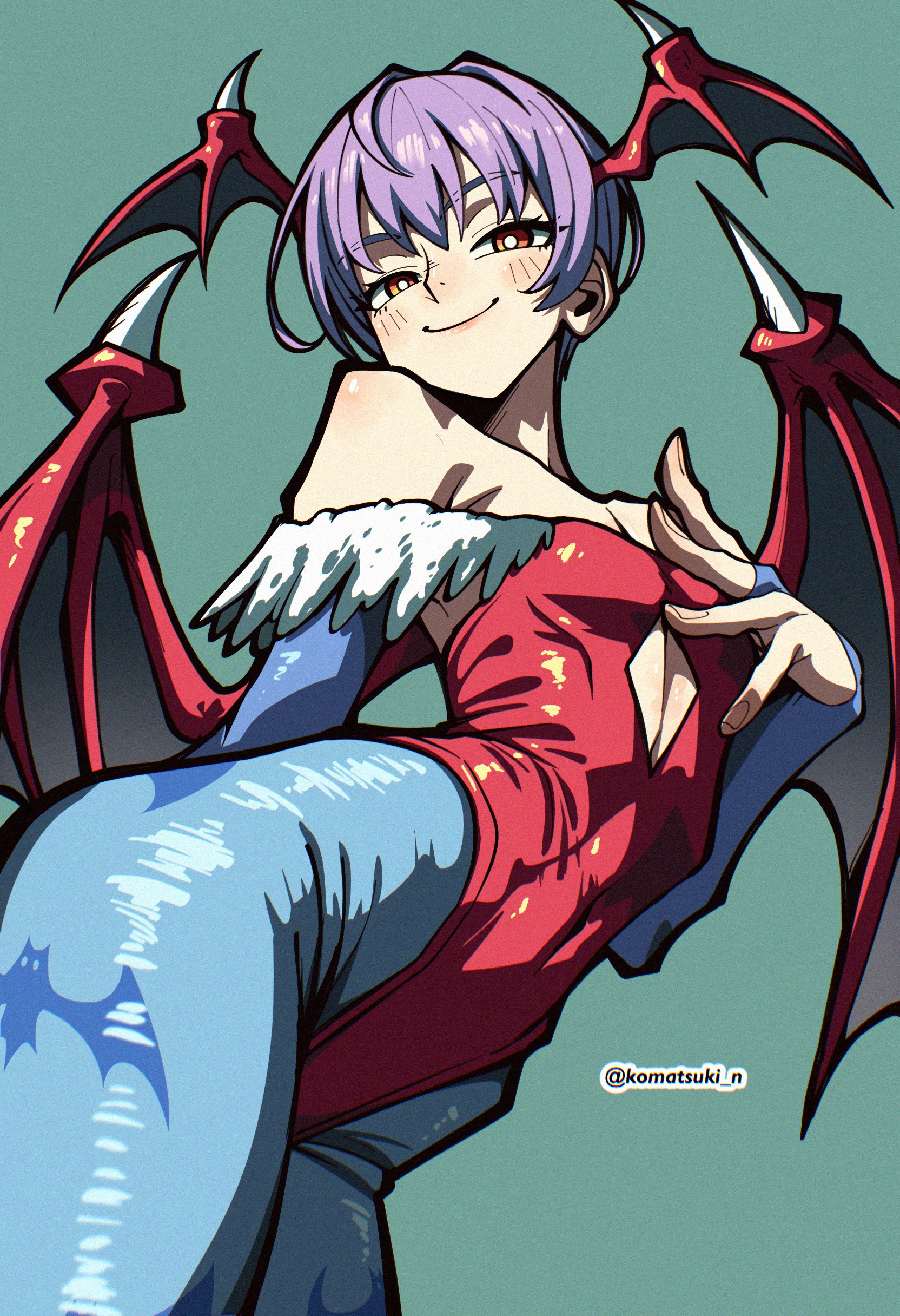 ass, bare shoulders, bat wings, blush, bodysuit, darkstalkers, demon, demon girl, female, female only, flat chest, gloves, headgear, komatsuki n, lilith aensland, purple hair, red eyes, smile, succubus, tagme, thighs, very short hair, voluptuous, white skin, wings