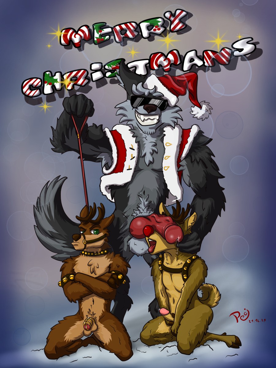 3:4 anthro balls bodily_fluids caged canid canine canis christmas christmas_clothing clothing collar costume deer dominant erection femboy fluffy genital_fluids genitals group harness hi_res holidays leash male male/male mammal nude pecicz penis santa_costume submissive trio wolf