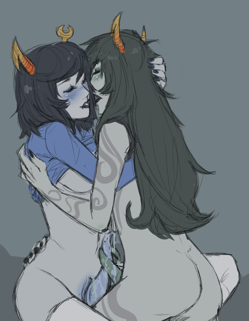 2girls aranea_serket ass black_hair black_lips black_nails blush closed_eyes eyebrow_piercing grey_background grey_skin hand_on_head homestuck horns lesbian long_hair ms_paint_adventures multiple_girls naked porrim_maryam precum shirt_lift short_hair tattoo tentabulge tentacle_penis troll