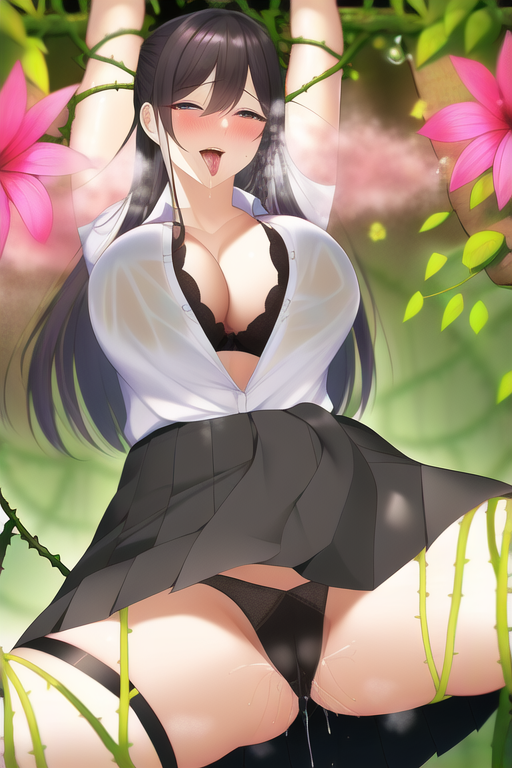 1girls ai_generated aphrodisiac arms_above_head arms_restrained bangs black_bra black_hair black_panties black_skirt blouse blush bra cameltoe cleavage clothed drugged eyes_half_open female_focus held_up horny jungle large_breasts legs_held_open legs_spread mature_female original panties pink_mist plant plant_tentacle pussy_juice pussy_juice_drip shirt shirt_open short_sleeves skirt sleepy softcore solo_focus spreading_legs stable_diffusion tongue_out unbuttoned unbuttoned_shirt underwear upskirt vine_bondage vines wet_panties wet_pussy wet_shirt white_blouse white_shirt