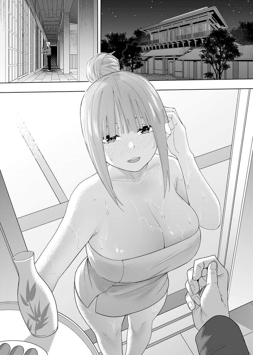 adjusting_hair armpit_crease bare_arms bare_legs bare_shoulders bare_thighs big_breasts black_and_white blush breasts cleavage collarbone doorway go-toubun_no_hanayome hair_bun kosmos_beta medium_hair nakano_nino naked_towel open_mouth ryokan smile standing thighs towel towel_only wet_body