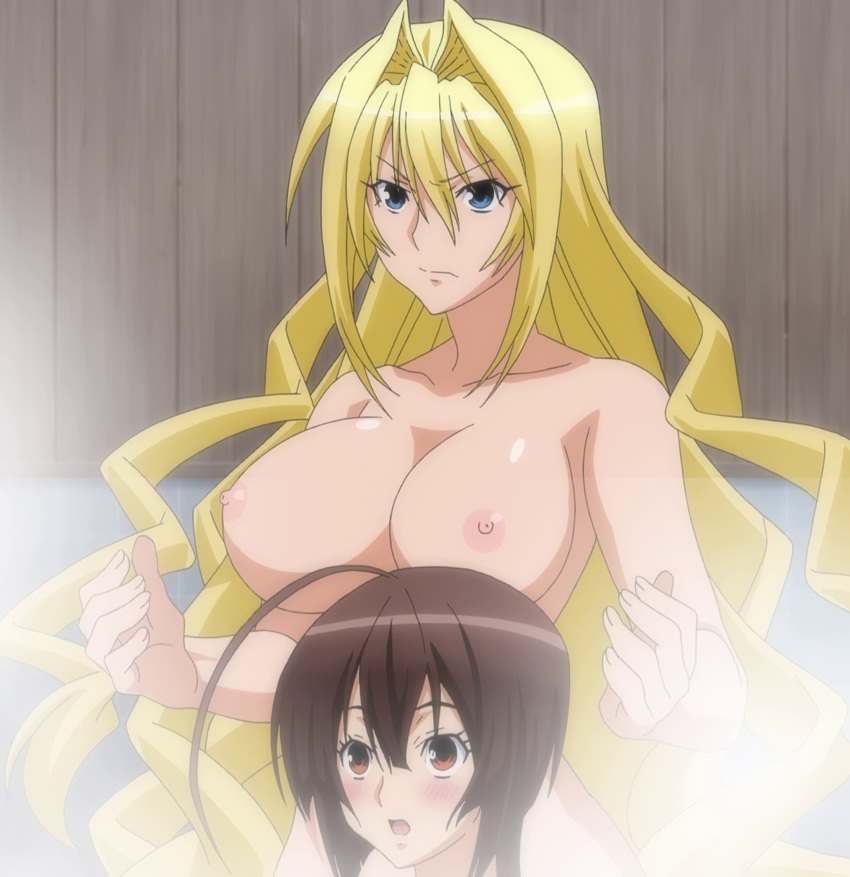 2girls big_breasts blonde blonde_hair blue_eyes blush blushing breasts brown_hair brunette female large_breasts long_hair multiple_girls musubi nipples pointy_chin sekirei tagme tsukiumi yellow_hair