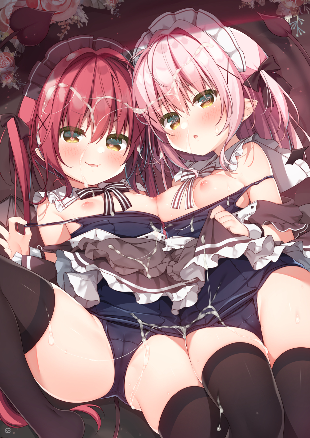 2girls :p apron black_thighhighs blue_one-piece_swimsuit blush bow breasts brown_apron brown_skirt brown_thighhighs cameltoe closed_mouth clothes_lift cum cum_on_clothes demon_tail frilled_apron frilled_skirt frills hair_intakes hair_ornament hanamiya_natsuka heart heart-shaped_pupils highres lifting_own_clothes long_hair looking_at_viewer maid_headdress multiple_girls nipples old_school_swimsuit one-piece_swimsuit original parted_lips pink_hair pointy_ears pulling_own_clothes red_hair school_swimsuit skirt skirt_lift small_breasts smile strap_pull striped_bow swimsuit swimsuit_under_clothes symbol-shaped_pupils tail thighhighs tongue tongue_out twitter_username x_hair_ornament yellow_eyes