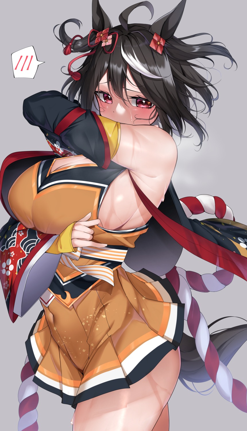 1girls, black hair, crying, female, kitasan black (umamusume), medium hair, red eyes, sweaty, tagme, tears, umamusume, umamusume pretty derby
