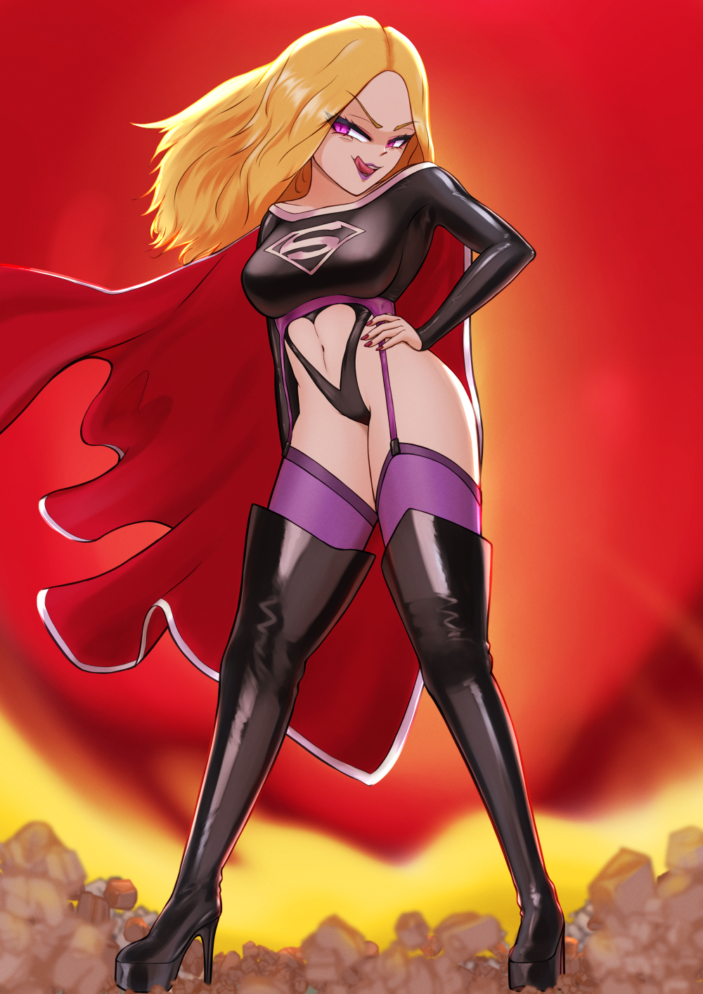 ass brainwashing breasts corruption dark_persona dc enemy_conversion female female_only garter_straps high_heels kara_zor-el navel purple_lipstick smile supergirl superman_(series) thick_thighs thong tongue_out wide_hips yamimochi