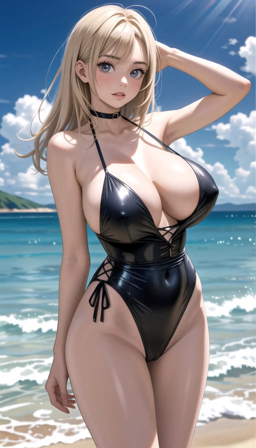 ai_generated akimbo223 beach blonde_hair huge_breasts leotard stable_diffusion