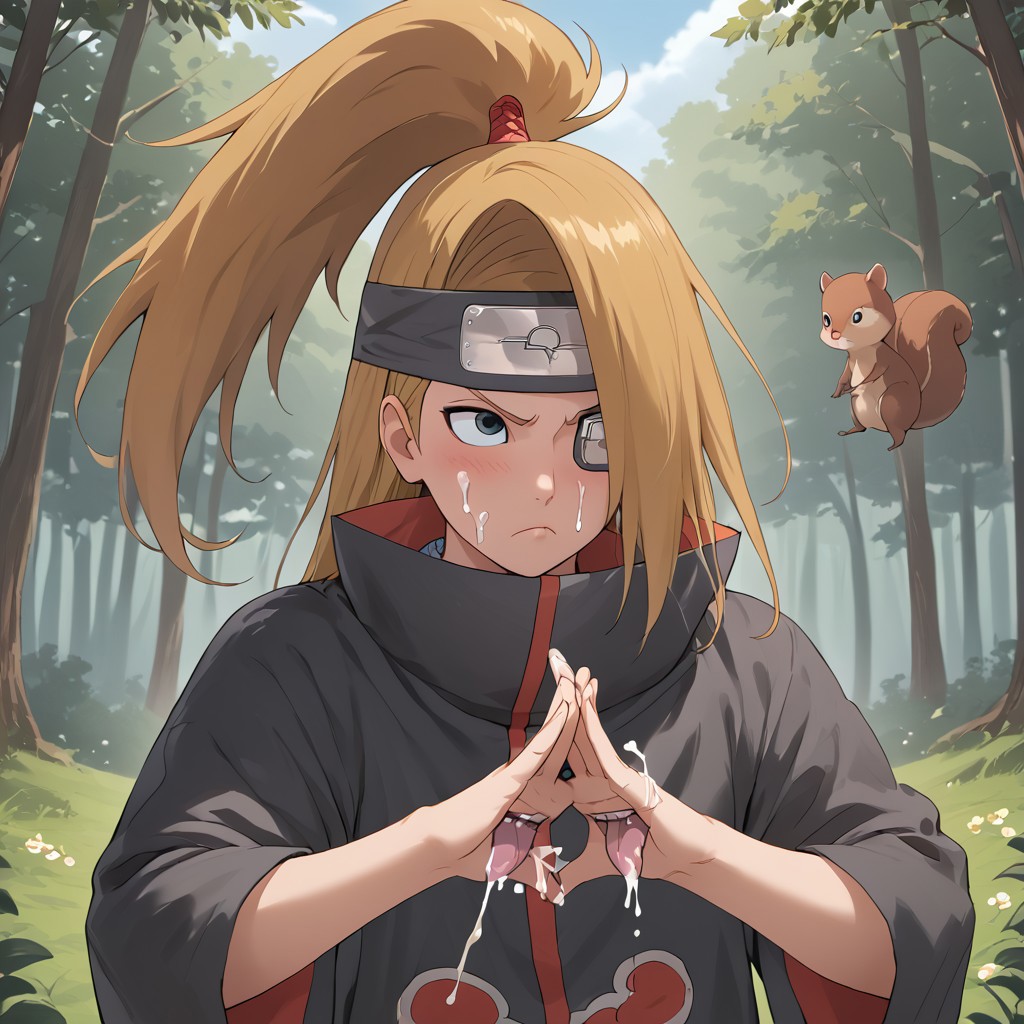 1boy ai_generated akatsuki_(naruto) blonde_hair cloak cloud_print cum cum_on_face deidara femboy naruto naruto_(series) naruto_shippuden ponytail squirrel