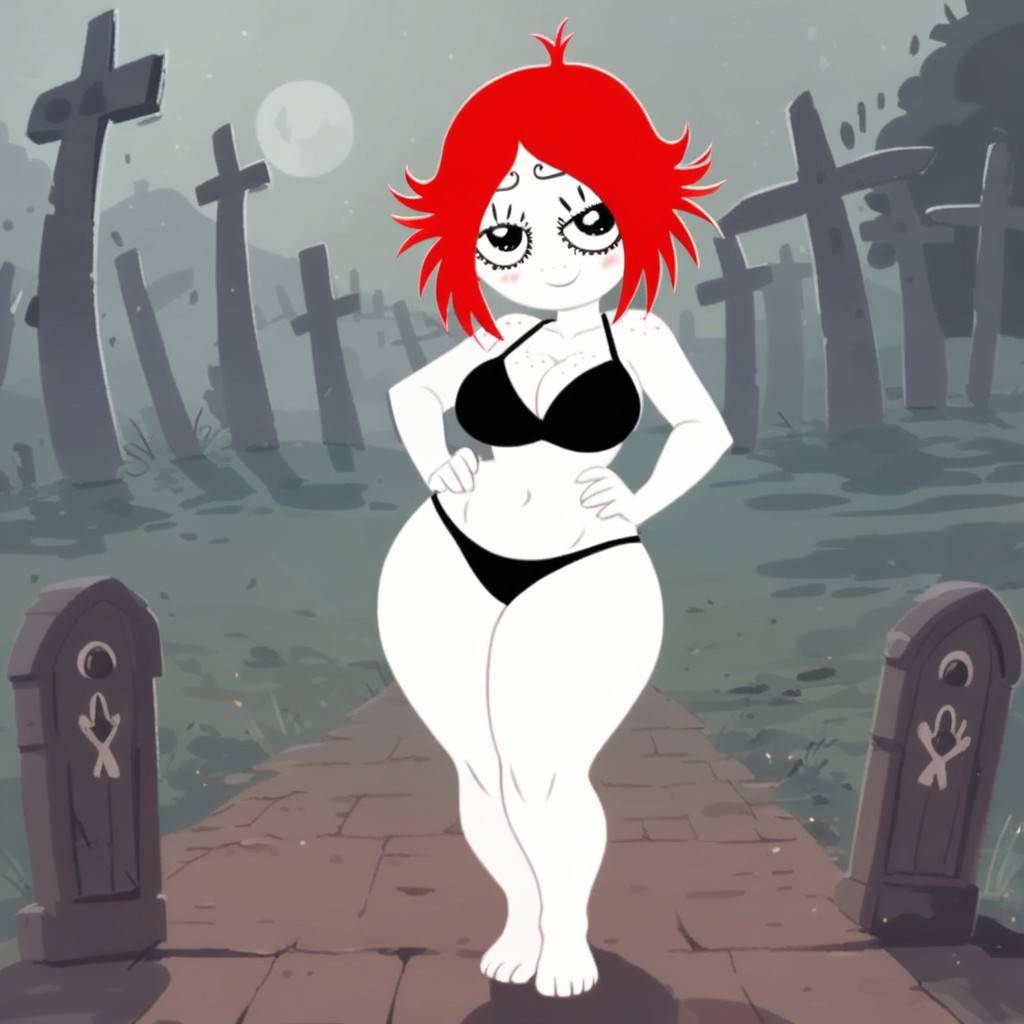 1girls ai_generated barefoot big_breasts bikini black_bikini breasts cleavage female female_only freckles goth graveyard hips navel pale-skinned_female pale_skin pinup red_hair ruby_gloom ruby_gloom_(franchise) solo thick_thighs tombstone