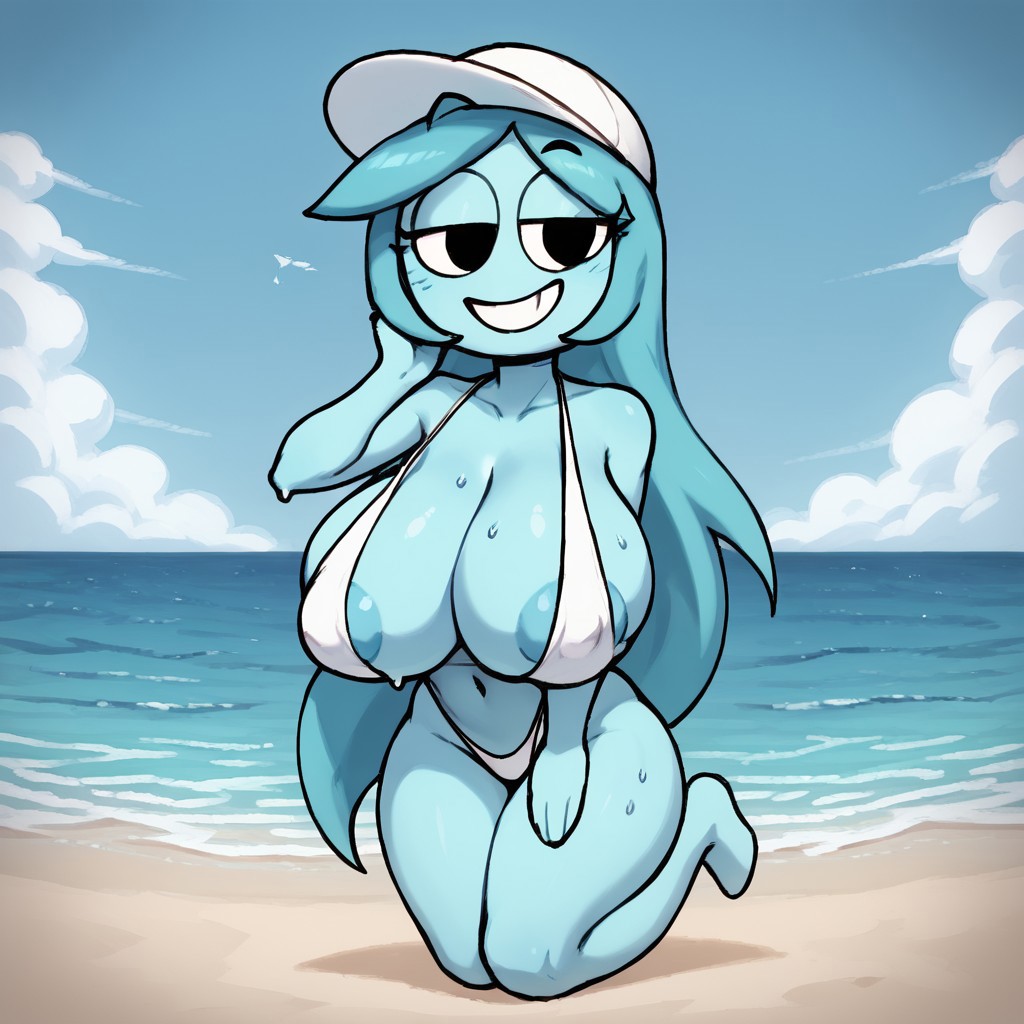 1girls ai_generated baseball_cap beach bikini cartoony clothing connie_(dandy's_world) cyan_body cyan_hair cyan_skin dandy's_world female female_only ghost ghost_girl humanoid long_hair roblox seaside smug smug_face solo_female sweat sweatdrop sweating toony useless_clothing white_bikini