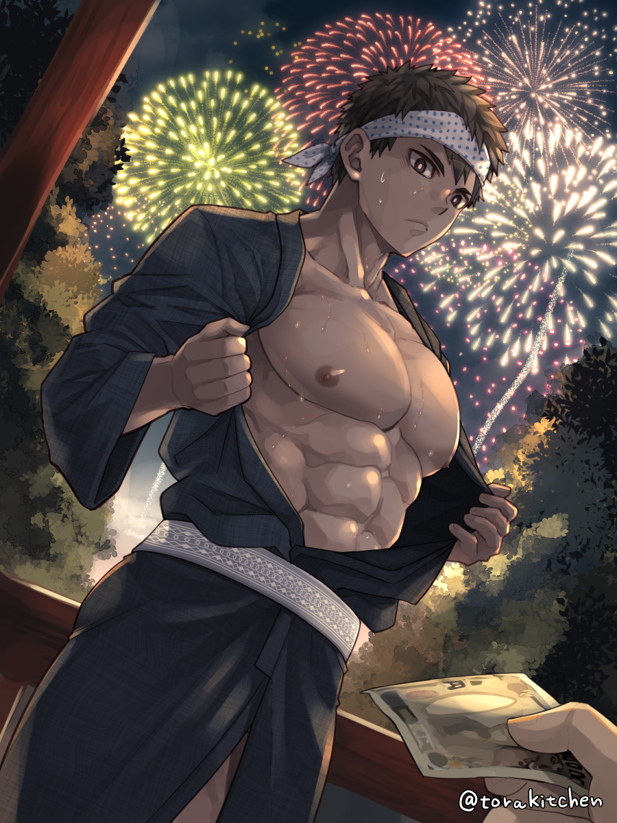 2boys abs bandana banknote bara beefy belt big_areola big_breast brown_eyes brown_hair collarbone ebitendon festival fireworks grabbing_clothing hi_res kimono looking_at_another male male_breasts male_only manly mature_male money muscles muscular muscular_male night obi open_clothes oppai original original_character outdoors pecs prostitution short_hair six_pack standing sweat sweatdrop sweating sweaty taking_clothes_off torakichi_(ebitendon) torakitchen tree wooden_fence yaoi