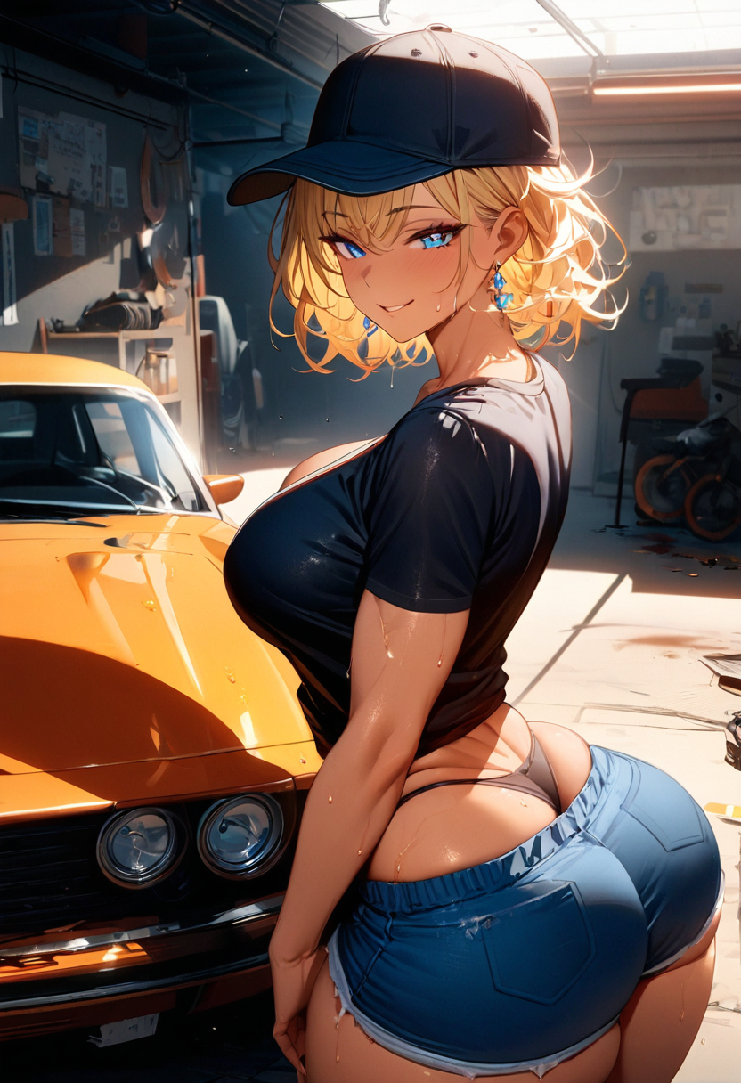 ai_generated ass ass_focus big_ass big_breasts blonde_hair blue_eyes breasts bubble_butt cap casual cleavage curvy curvy_body curvy_female curvy_figure curvy_hips fit_female half-closed_eyes highleg_panties huge_ass navel original original_character playful robin_(starlightnex) short_hair smug starlightnex strong thick_ass thick_butt thick_hips thick_legs thick_thighs