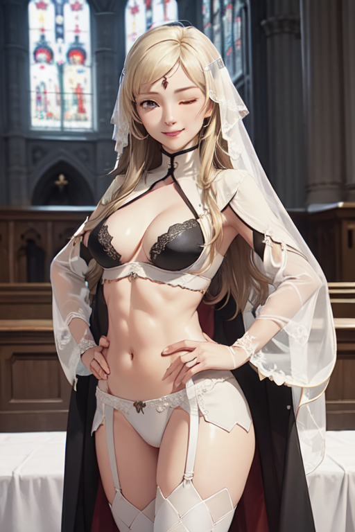 ai_generated ai_hands blonde_hair bride cute fire_emblem fire_emblem_fates looking_at_viewer medium_breasts ophelia_(fire_emblem) pink_nipples smile smirk white_skin