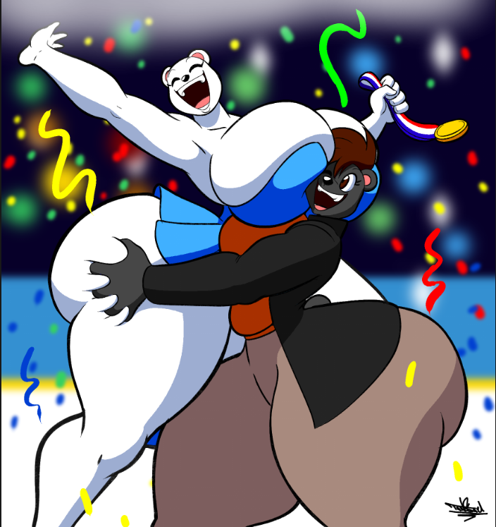 2024 2girls artist_logo artist_name artist_signature background bear big_ass big_butt black_jacket blue_clothing blue_dress both_eyes_closed breast_squish brown_eyes bubble_ass bubble_butt cheering clothing commentary_request commission commission_art confetti dark_red_hair digital_drawing_(artwork) digital_media_(artwork) duo figure_skating gold_metal grabbing_another's_ass grabbing_ass grey_body grey_fur hi_res huge_ass hugging_from_behind mammal mammal_humanoid one_eye_closed one_eye_open open_mouth open_smile pants polar_bear red_shirt tansau ursid_humanoid ursine white_body white_fur