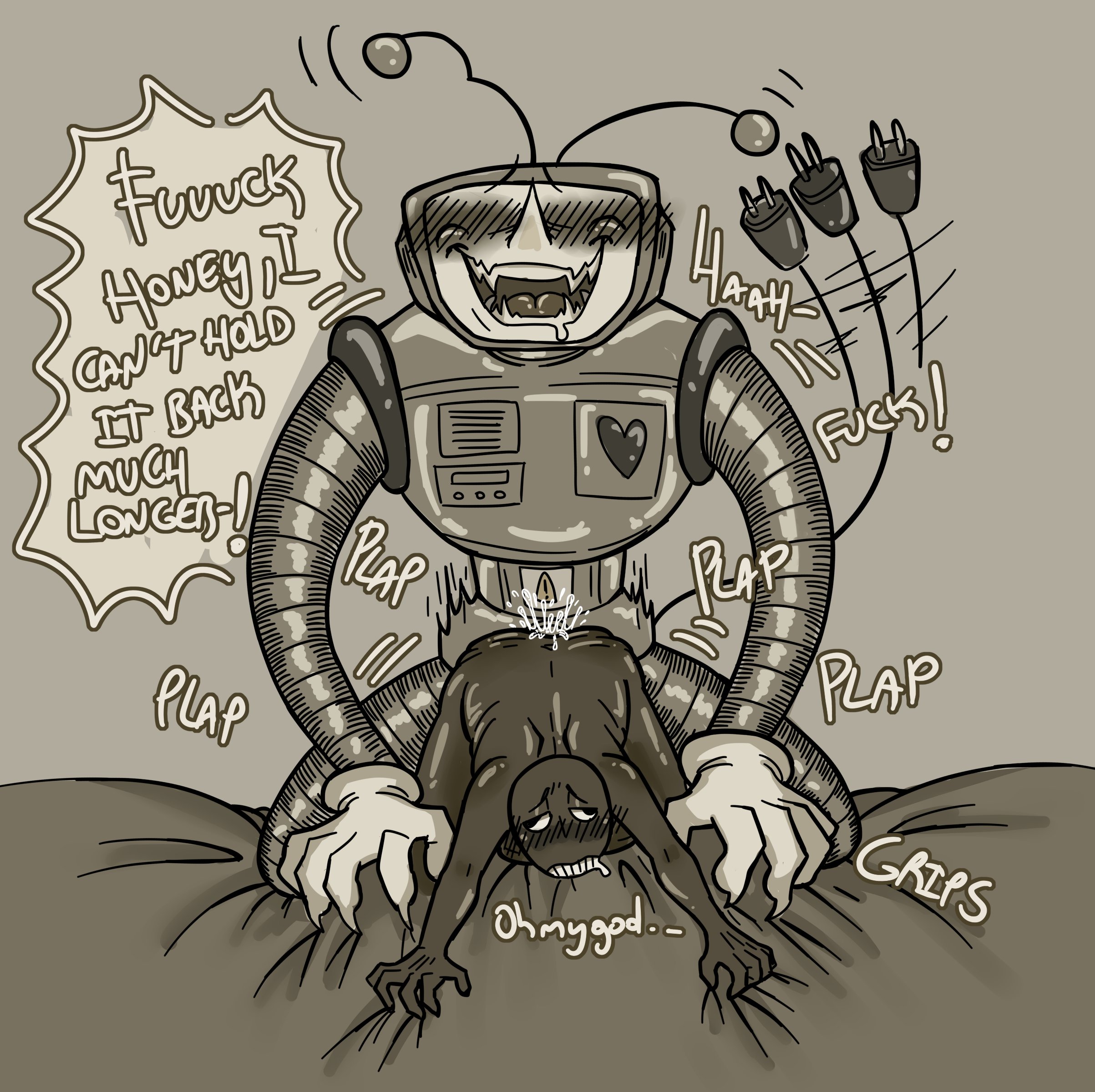 anon, antennae, antennae (anatomy), deltarune, doggy style, drooling, fangs, grin, letttusse, lost in pleasure, oc x canon, robot humanoid, rough sex, self insert, size difference, tail, tenna (deltarune), text, text bubble, tv head, y/n, you