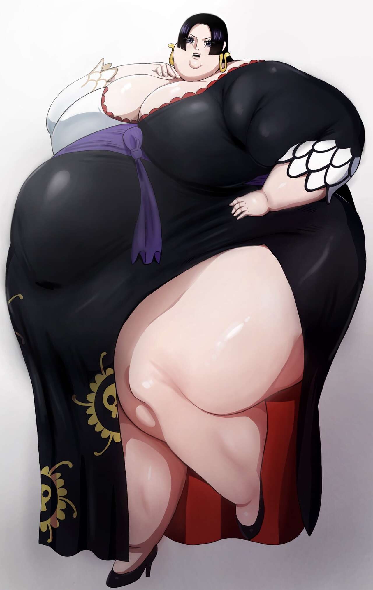 1girls boa_hancock chubby_chin dark_hair earrings large_belly large_thighs light-skinned_female nikutsuki obese one_piece ssbbw