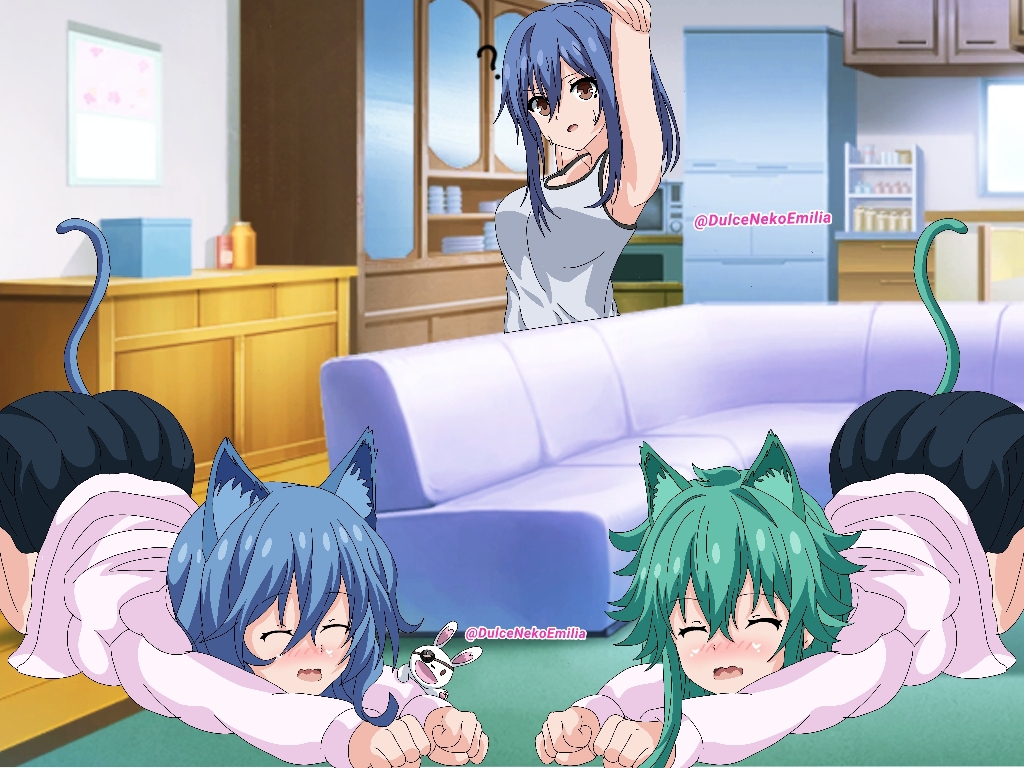 2d 2d_(artwork) 3girls armpits arms_behind_head arms_up ass blue_hair breasts brown_eyes cat_ears cat_tail catgirl countershade_torso date_a_live dulcenekoemilia green_hair himekawa_yoshino kyouno_natsumi light-skinned_female living_room long_hair medium_breasts shirt skirt takamiya_mana thighs