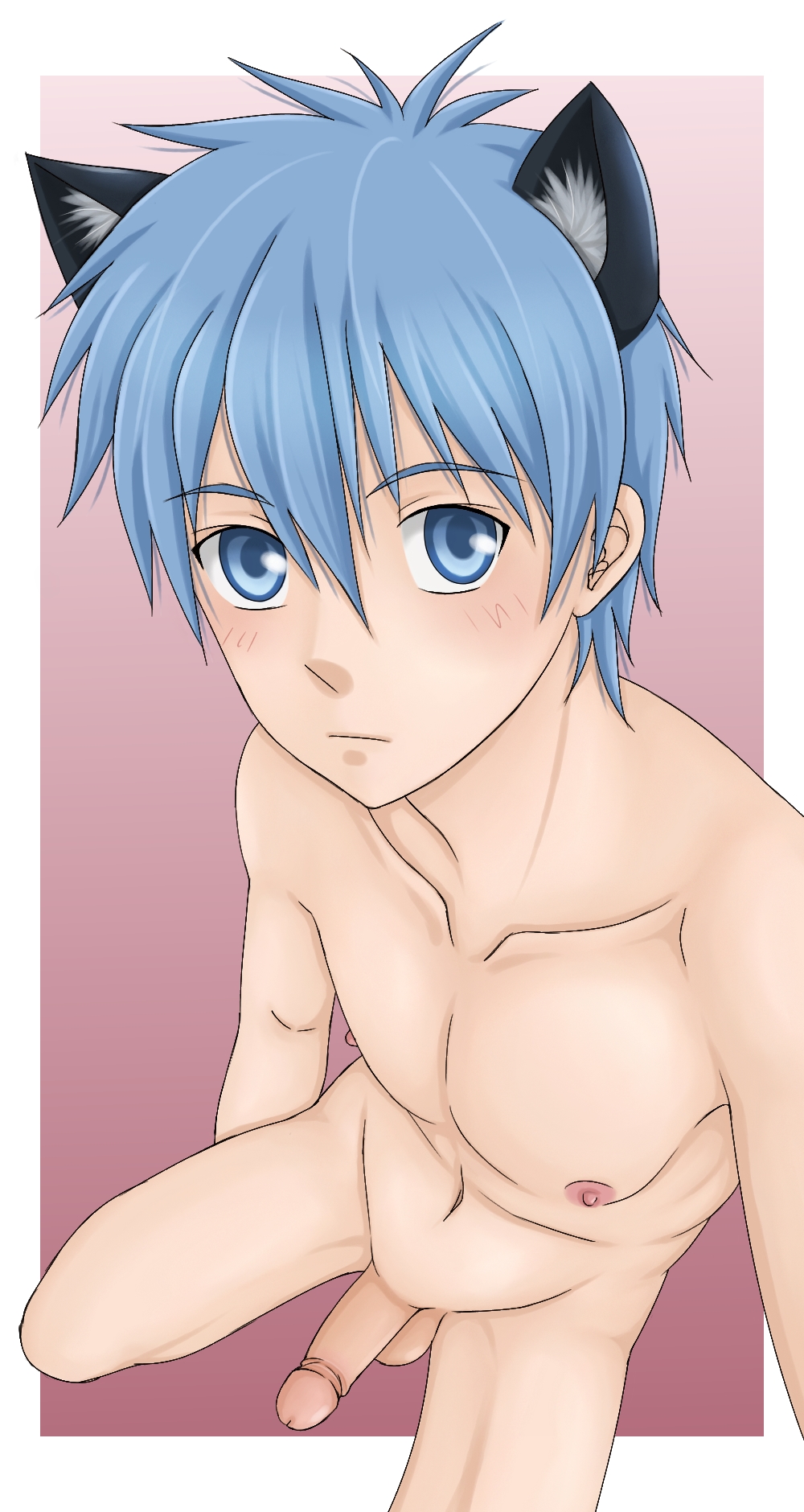 above_view animal_ears beige_skin blue_eyes cat_ears fake_ears human kuroko's_basketball kuroko_no_basuke looking_at_viewer male male_only nude penis solo tagme tetsuya_kuroko