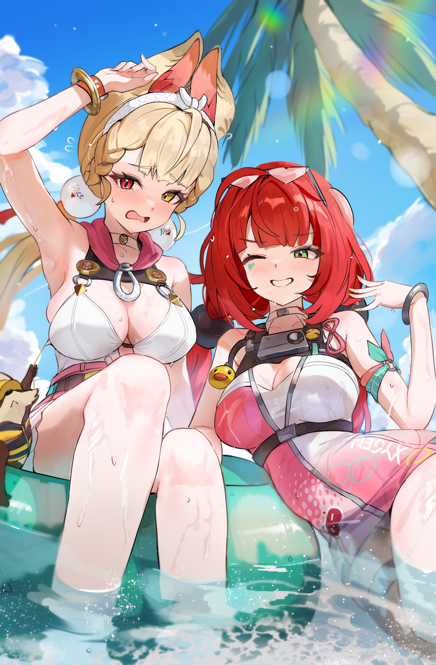 2girls, alice thymefield, alice thymefield (sea of thyme), animal ears, blonde hair, blue sky, braid, braided twintails, breasts, cleavage, cloud, desire (des1re), ear-to-ear, eyewear on head, female, female only, green eyes, heart, heart-shaped eyewear, heterochromia, highres, long hair, looking at viewer, multiple females, multiple girls, official alternate costume, one-piece swimsuit, outdoors, pink one-piece swimsuit, rabbit ears, rabbit girl, red eyes, red hair, sitting, sky, smile, swimsuit, two-tone one-piece swimsuit, ukinami yuzuha, ukinami yuzuha (tanuki in broad daylight), yellow eyes, zenless zone zero