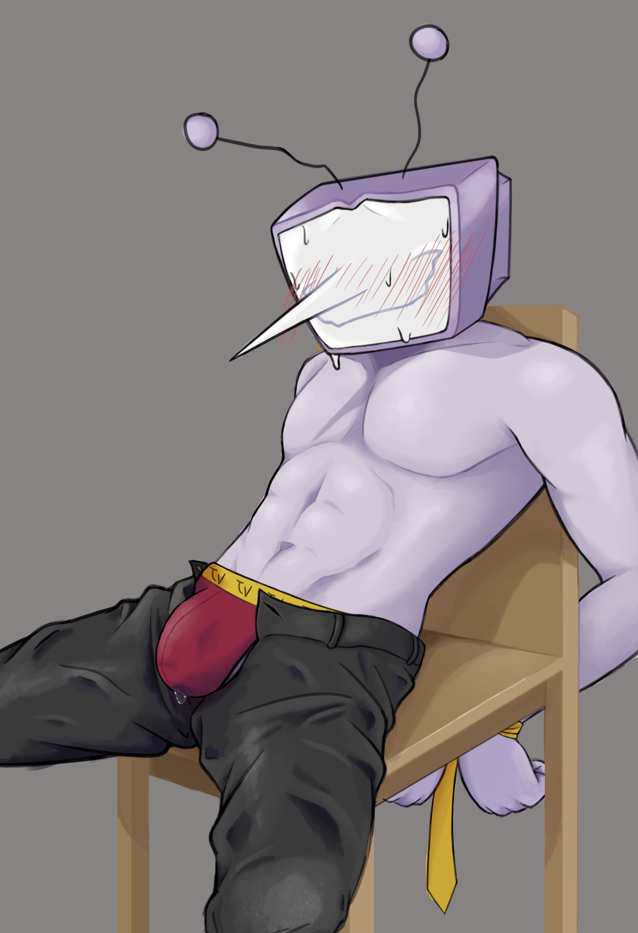 1boy, deltarune, erection under clothes, flustered, male, muscular, muscular male, number 1 tv fan, precum, sitting, solo male, tenna (deltarune), tied hands, tv head, underwear, wet underwear