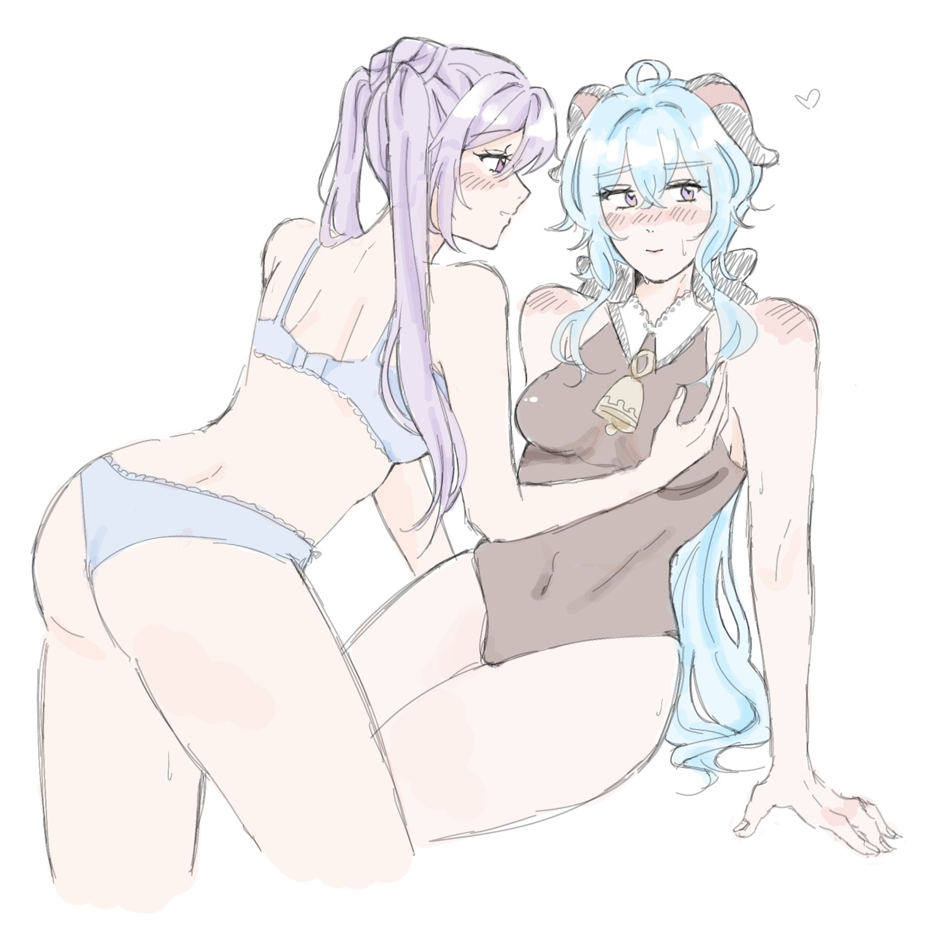 2girls, adeptus, blue hair, blush lines, female, ganyu (genshin impact), genshin impact, half-dressed, keqing (genshin impact), lingerie, purple hair, yuri