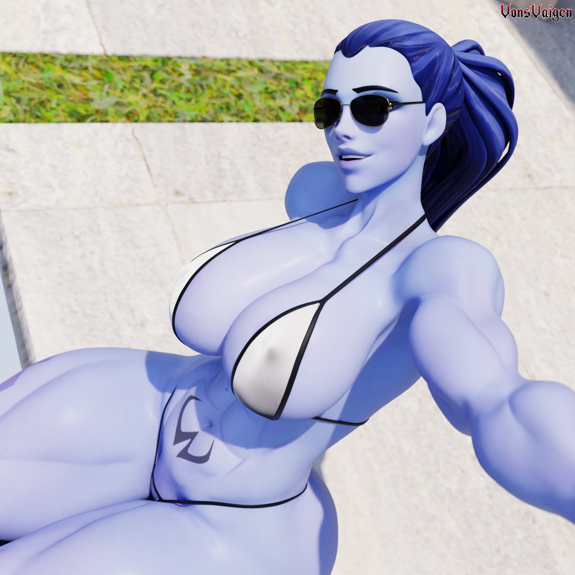 1girls, 3d, abs, amelie lacroix, ass, big ass, big breasts, bikini, blizzard entertainment, breasts, female, female only, fit, fit female, looking at viewer, muscular, muscular female, overwatch, overwatch 2, pool, poolside, purple skin, selfie, skimpy bikini, skimpy swimsuit, skimpy swimwear, solo, sunglasses, swimsuit, tattoo, thick thighs, thong, tinted eyewear, vonsvaigen, wet body, wet skin, wide hips, widowmaker, yellow eyes