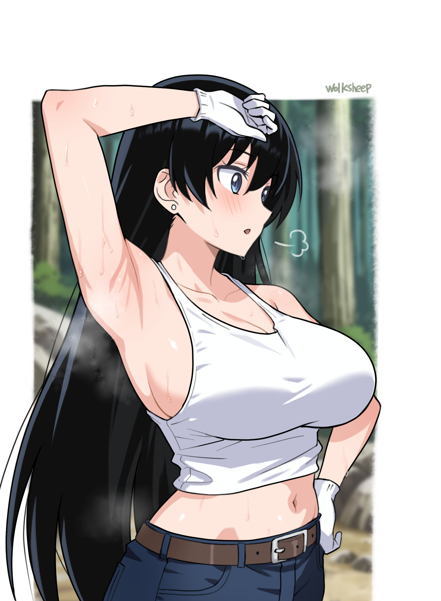 1girls, arato nagi, arm up, armpits, bare arms, black hair, blue eyes, blue pants, blush, breasts, cleavage, collarbone, commentary request, day, denim, ear piercing, earrings, female, forest, gloves, hand on own hip, highres, jeans, jewelry, large breasts, long black hair, long hair, nature, navel, outdoors, pants, piercing, ruri no houseki, sideboob, sidelocks, solo, solo female, solo focus, standing, stud earrings, sweat, sweatdrop, sweating, sweaty, tank top, tree, white gloves, white shirt, white tank top, wolksheep