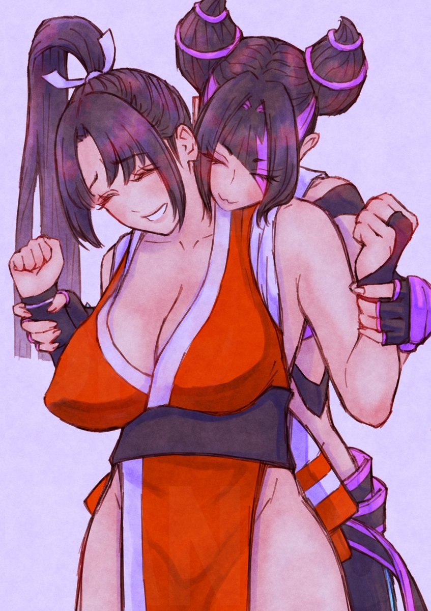2girls, breasts, capcom, colored, delarocha82, eyebrows visible through hair, fatal fury, female, fingerless gloves, grabbing wrists, huge breasts, juri han, king of fighters, mai shiranui, ponytail, smile, smiling, snk, street fighter, yuri