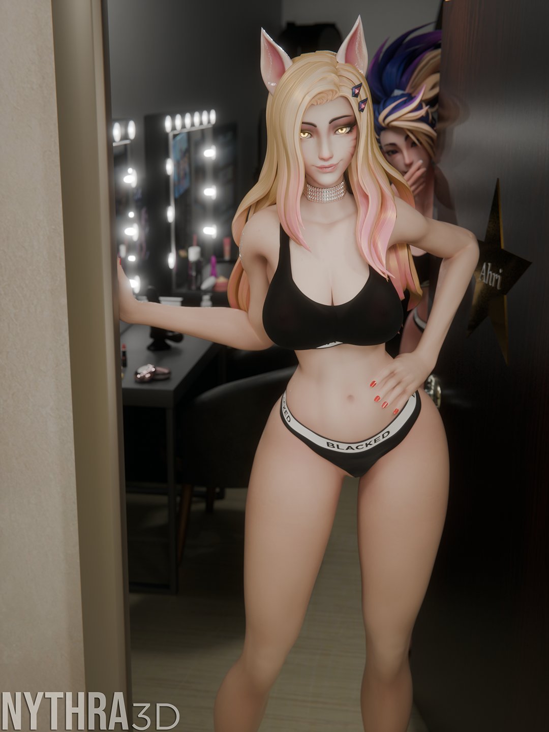 ahri, ahri (league of legends), akali, blacked, blacked clothing, dark skin, dark-skinned male, k/da ahri, k/da akali, k/da all out ahri, k/da all out series, k/da series, kda, league of legends, male, ntr, nythra3d, thick thighs