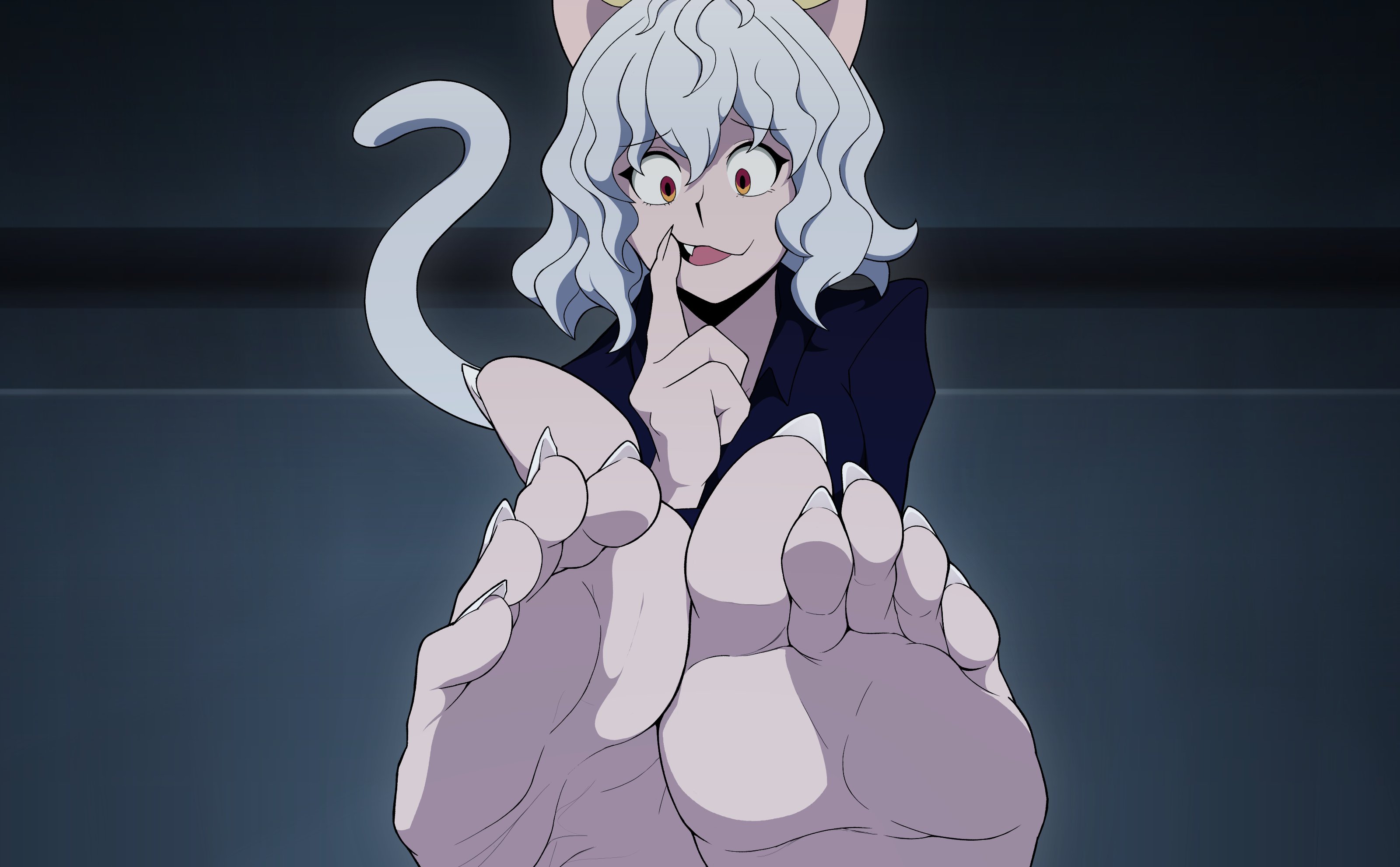 aporia arte, barefoot, big toes rise, catgirl, feet, feet together, feet towards viewer, flexible toes, foot fetish, foot focus, hunter x hunter, neferpitou, pointy nails, presenting feet, soles, toe claws, toe curl, toes, toes choki pose, wrinkled feet, wrinkled soles