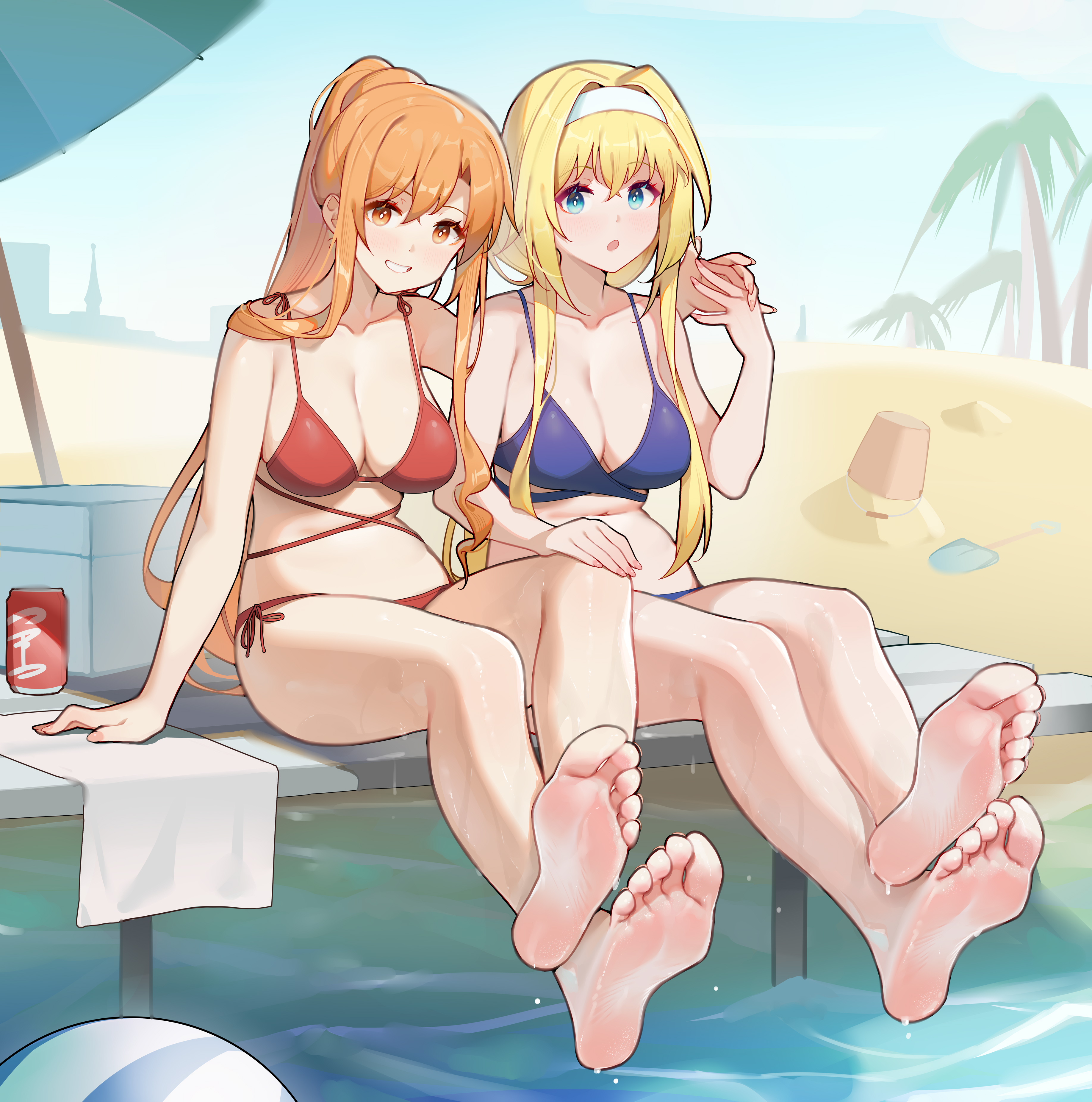 2girls, absurd res, alice zuberg, alluring, bare arms, bare legs, barefoot, beach, bikini, blonde hair, blue bikini, blue eyes, brown eyes, brown hair, crossed legs, feet, feet focus, female, foot fetish, full body, hairband, high ponytail, high res, holding hands, long hair, looking at viewer, multiple females, multiple girls, navel, ninai, no shoes, ocean, open mouth, ponytail, red bikini, sand, smile, soles, swimsuit, sword art online, sword art online: alicization, sword art online: alicization - war of underworld, towel, water, wet, white hairband, yuri, yuuki asuna