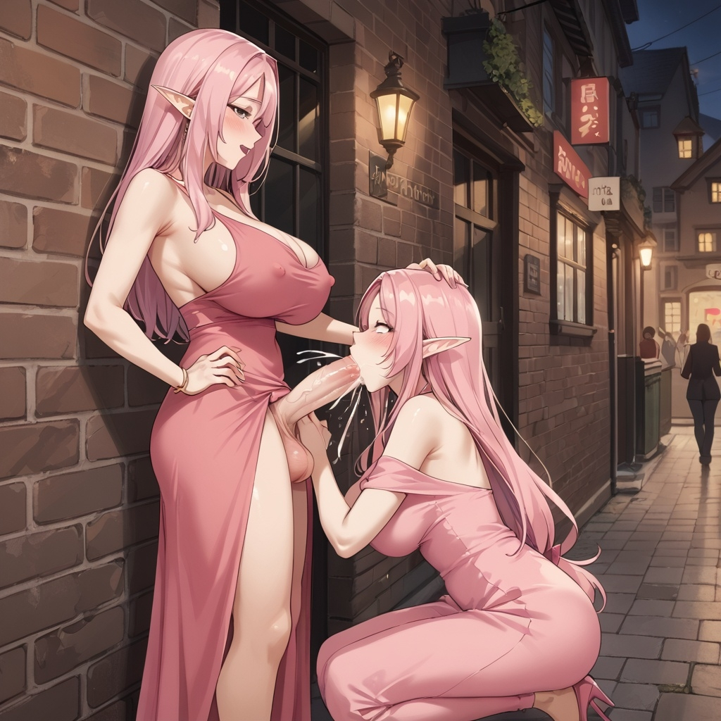 1futa, 1girls, ahe gao, ai generated, blush, elf, family, family sex, fellatio, female, futanari, intersex, mother and daughter, pink dress, pink eyes, pink hair, street