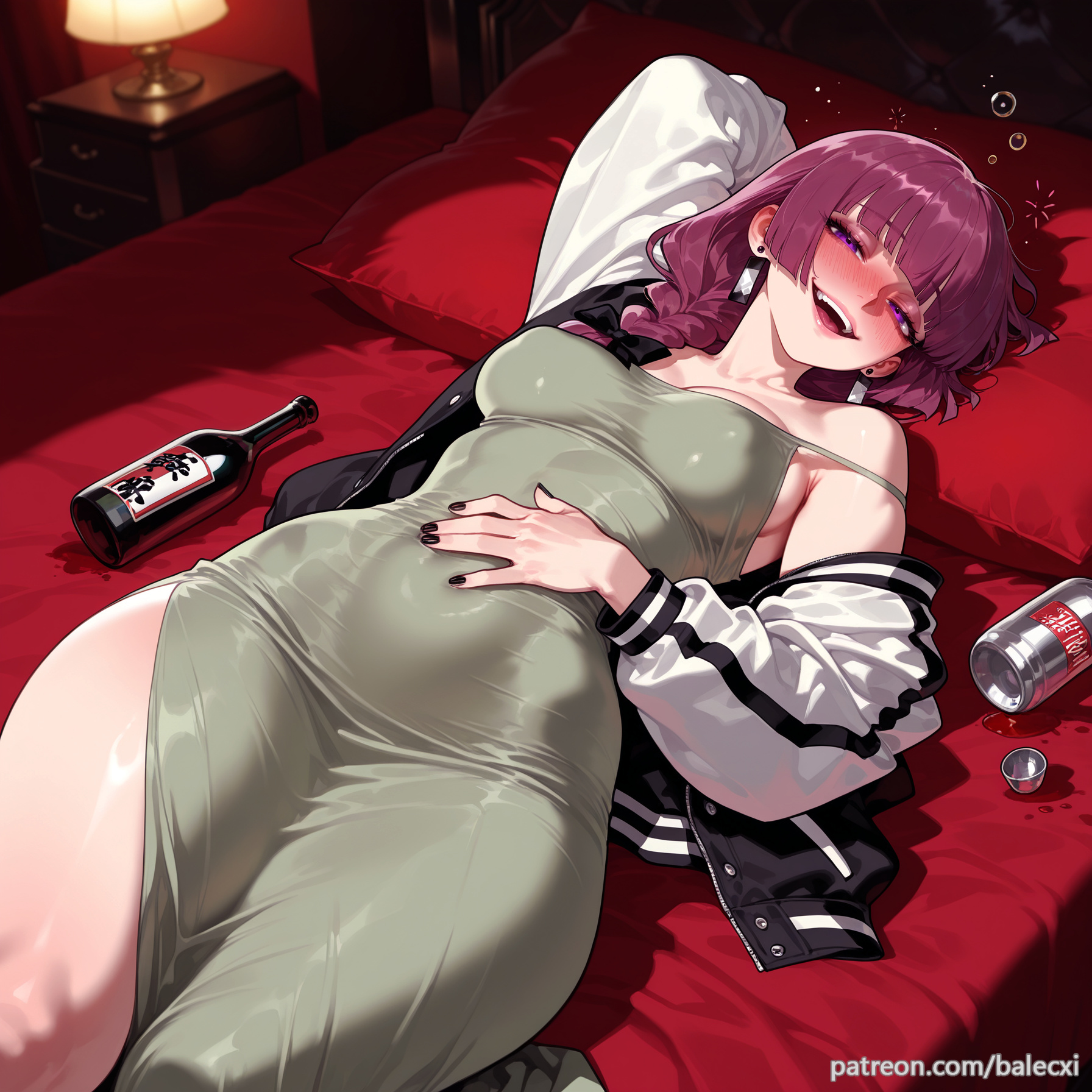 ai generated, alcohol, balecxi, black nails, blush, bocchi the rock!, bottle, braid, breasts, covered navel, drunk, earrings, female, green dress, hiroi kikuri, jewelry, lamp, long hair, looking at viewer, lying, nail polish, on back, open jacket, open mouth, purple eyes, purple hair, smile, solo, squeans, strap slip, teeth, thick thighs