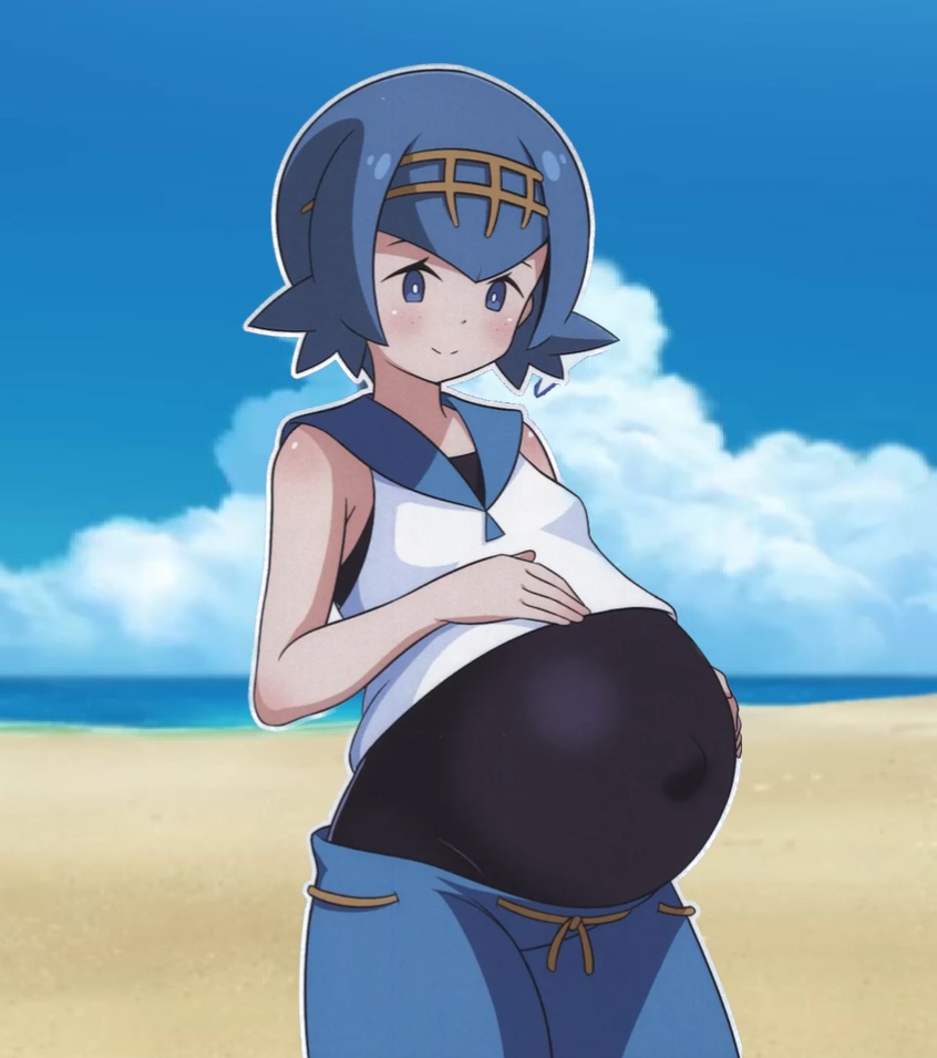 0k0j0, 1girls, aged up, beach, blue eyes, blue hair, enjoying pregnancy, female, holding pregnant belly, lana (pokemon), nintendo, pokegirl, pokemon, pokemon sm, pregnant, pregnant female, short blue hair, trial captain