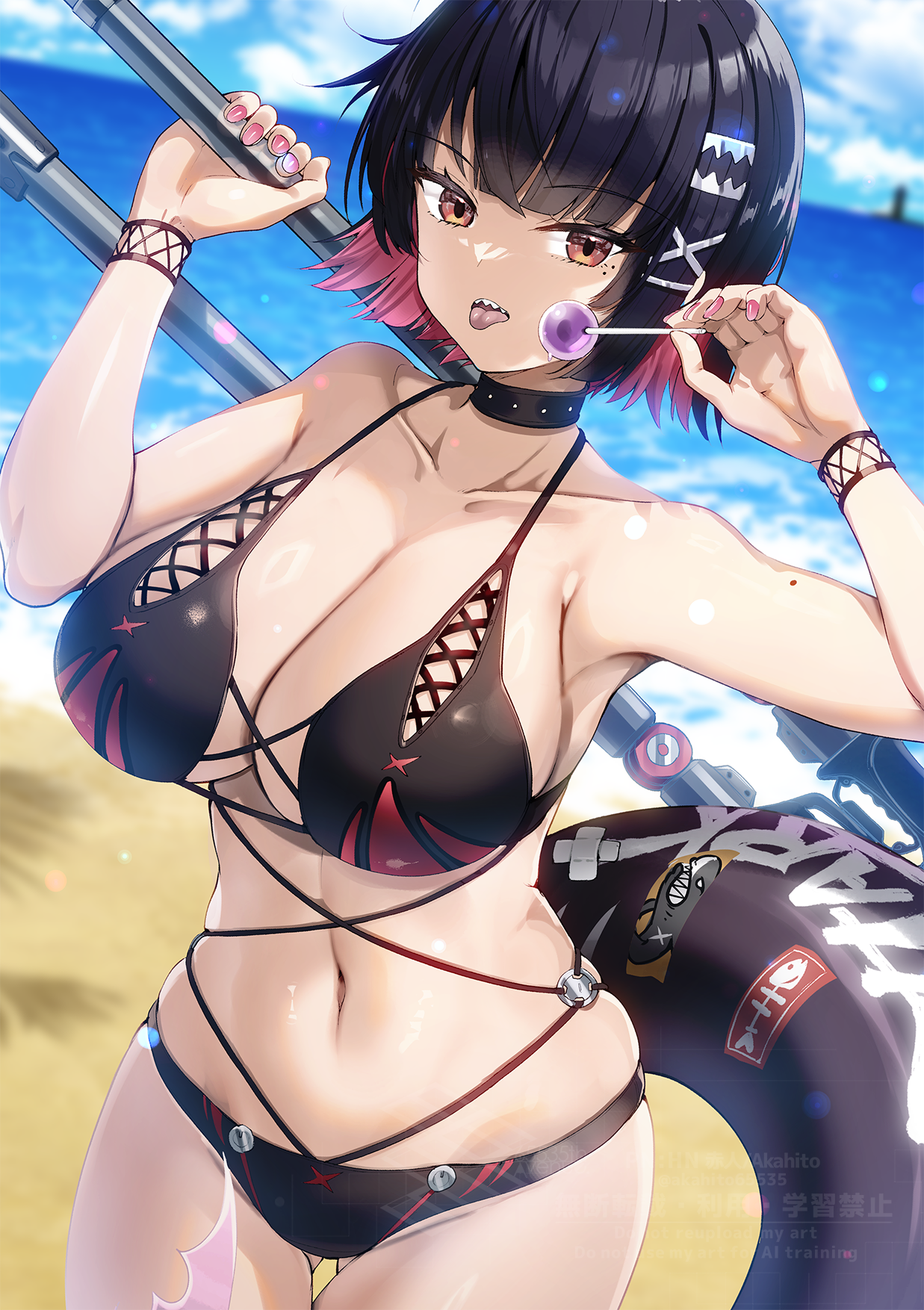 akahito, alternate costume, bikini, black bikini, black choker, blue sky, blurry, blurry background, breasts, candy, choker, cloud, collarbone, commentary request, day, ellen joe, female, female only, fins, fish tail, food, highres, holding, holding candy, holding food, holding lollipop, large breasts, lollipop, looking at viewer, navel, ocean, shark girl, shark tail, short hair, sky, solo, swimsuit, tail, tongue, tongue out, zenless zone zero