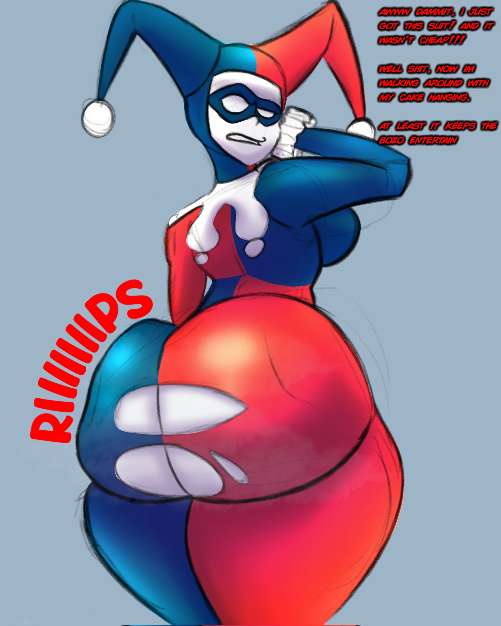 1girls, 2d, 2d (artwork), ass, batman (series), big ass, big breasts, big butt, breasts, clothed, clothed female, clown, clown girl, criminal, dc, dc comics, female, female focus, female only, harleen quinzel, harley quinn, harley quinn (classic), huge ass, huge butt, jester, jester girl, jester hat, jester outfit, large boobs, large breasts, looking back, looking back at viewer, solo, solo female, solo focus, superbone