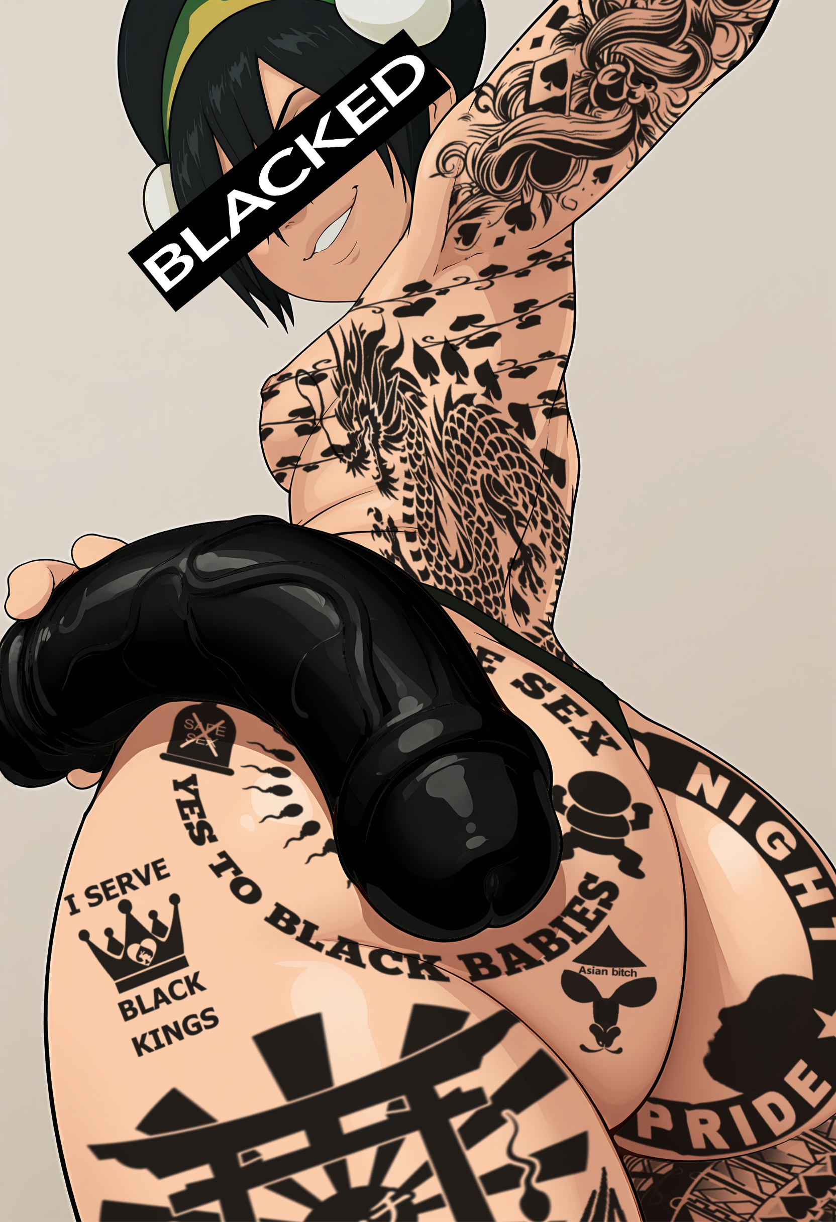 1girls, absurd res, absurdres, ai assisted, ai generated, ass bigger than head, ass focus, avatar the last airbender, black hair, blacked, blacked asian, breasts, dildo, female, from behind, grey eyes, high resolution, highres, holding dildo, large ass, qos, qos tattoo, queen of spades, queen of spades symbol, queen of spades tattoo, raleu10, ricebunny, small breasts, solo, solo female, solo focus, tattoo, tattoo on arm, tattoo on breast, tattoo on butt, tattoo on chest, tattoo on face, tattoo on legs, tattoo on thigh, tattooed arm, tattoos, tattoos everywhere, thick ass, thick thighs, thong, toph bei fong, topless, wide hips