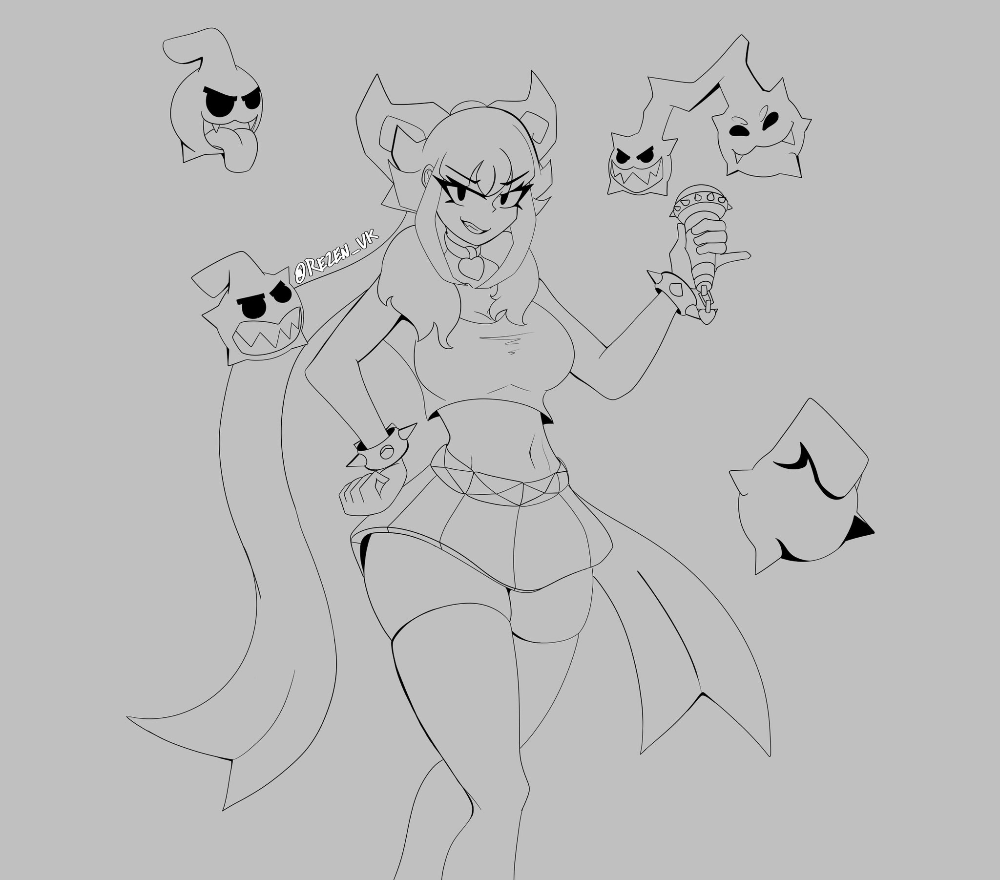 1girls, artist name, brawl stars, breasts, choker, female, female focus, melodie (brawl stars), melodie note (brawl stars), navel, no color, rezen vk, ribbon, skirt, stockings, tagme, thick thighs, topwear, waist