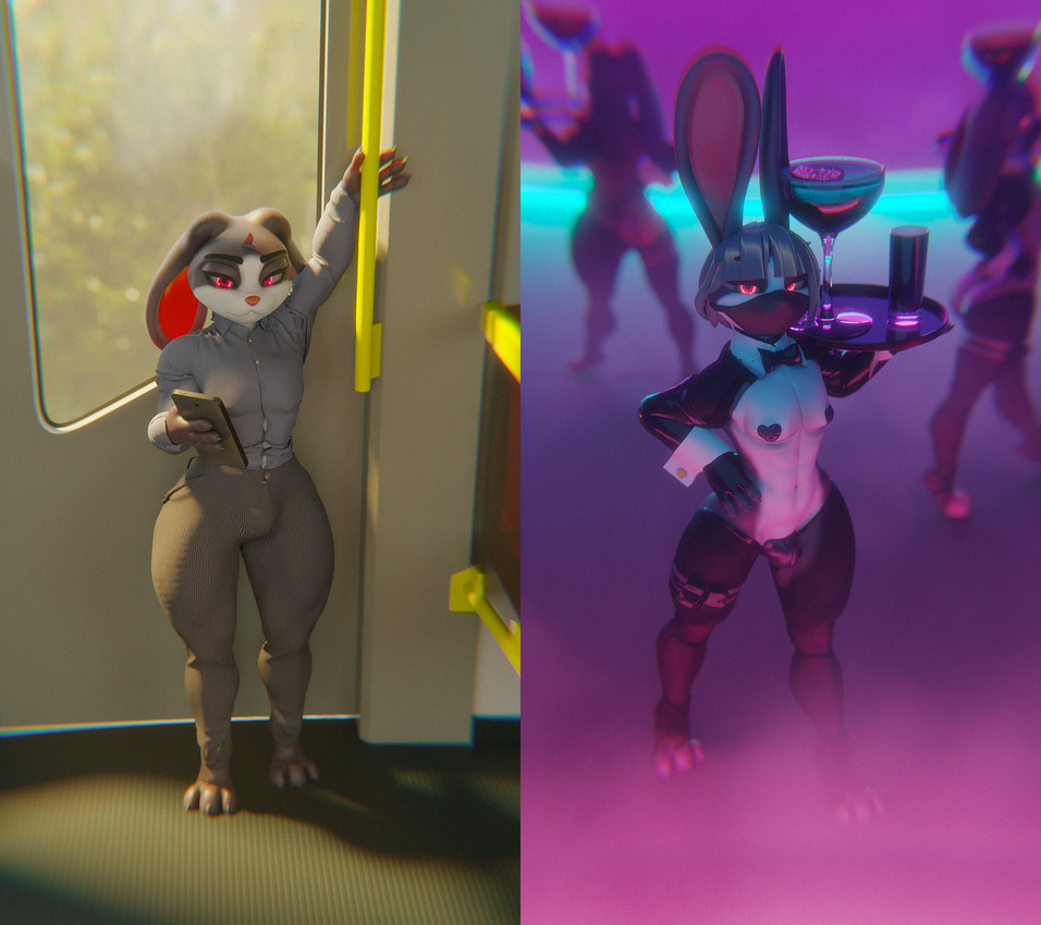 2025, 3d, 3d (artwork), anthro, anthro male, bangs, beverage, blender, blender (software), bottomwear, bow tie, clothed, clothed male, clothing, collared shirt, dress shirt, femboy, femboy focus, feminine male, floppy ears, furry, furry male, furry only, ghostoast, heart pasties, hi res, lagomorph, leporid, male, male anthro, mammal, mask, pants, pasties, paws, platter, rabbit, shirt, stripper, topwear, tray, waiter