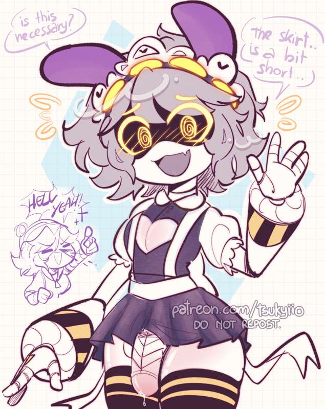 1boy, 1girls, disassembly drone, embarrassed, femboy, glitch productions, jax (the amazing digital circus) (cosplay), maid uniform, male, murder drones, n (murder drones), penis out, robot, robot boy, robot femboy, short skirt, tsukyiio, uzi (murder drones), white body