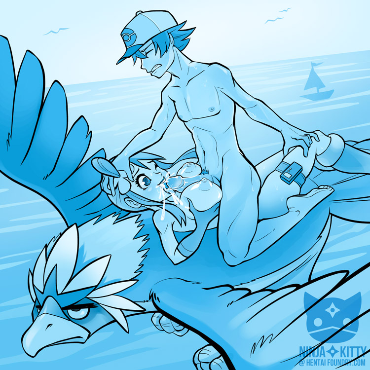 1boy 1girls bird boots braviary cum female hilbert_(pokemon) human male monochrome ninjakitty ocean paizuri pokemon pokemon_bw skyla_(pokemon) straight watermark