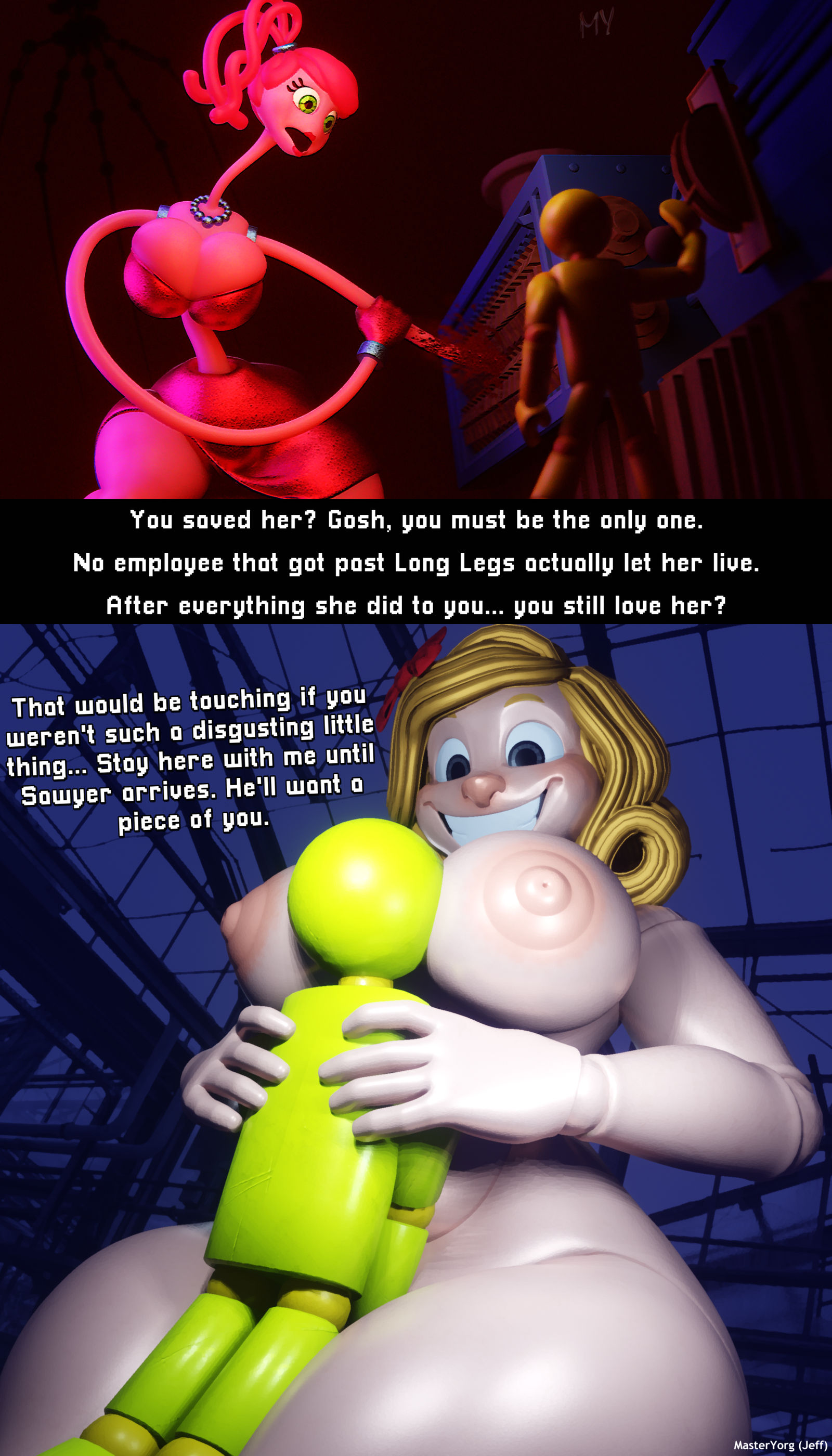 2girls, 3d, big female, breasts, dialogue, english, english text, female, giant female, grin, huge breasts, masteryorg0, miss delight, mommy long legs, naked, naked female, poppy playtime, thick thighs