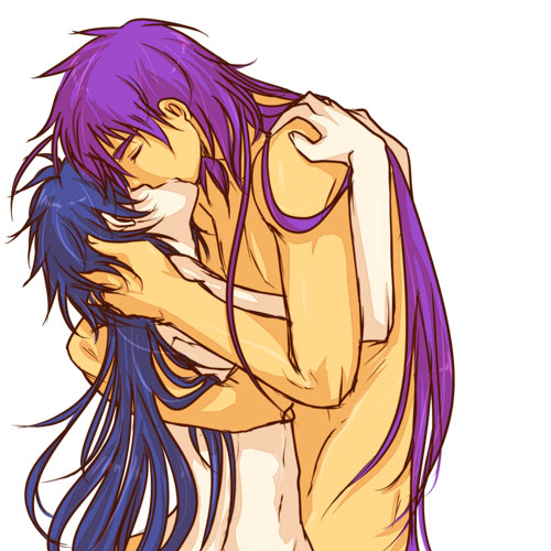 2boys artist_request bare_arms bare_shoulders blue_hair closed_eyes couple gay hug human human_only judal kissing long_hair magi:_the_labyrinth_of_magic male male_only multiple_boys multiple_males nude purple_hair romantic simple_background sinbad_(magi) very_long_hair white_background yaoi