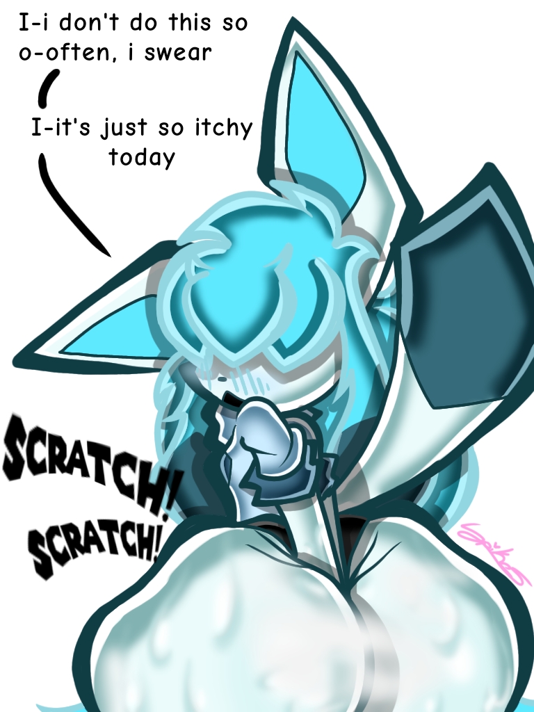 ass, big ass, blizzard (wabbix toons), blue fur, butt digging, clothed, clothed female, dialogue, digging up in they ass, fat ass, female, gigantic ass, glaceon, hair over eyes, huge ass, oc, pokemon, pokemon (species), pokesona, scratching, scratching butt, self upload, sweaty ass, text, two-tone fur, wabbix toons