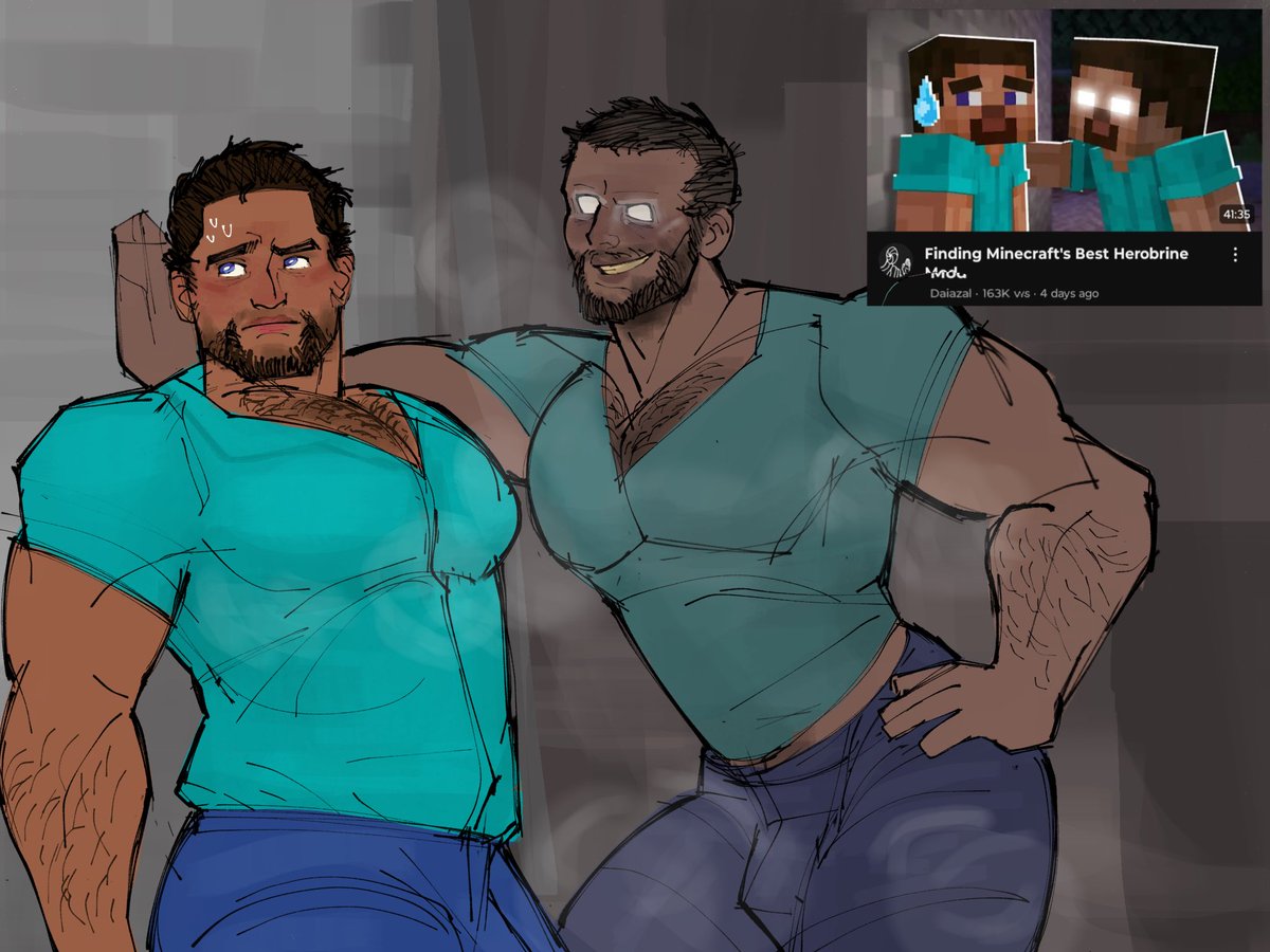 bara, big pecs, brown skin, bulge, gay, herobrine, male, male only, minecraft, muscular, muscular male, seducing, smirk, sprungtrapped, steve (minecraft), white eyes, yaoi
