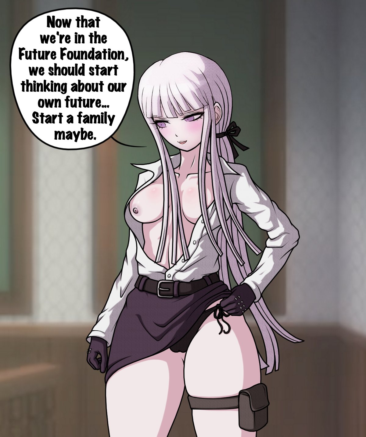 1girls, black panties, cheeeeeeeeeeeeen, danganronpa, danganronpa (series), danganronpa 3, danganronpa: trigger happy havoc, english text, female, female only, kirigiri kyouko, nipples, no bra, panties, shirt unbuttoned, side-tie panties, skirt, skirt lift, skirt lifted by self, solo, sprite edit, tagme, text, underwear, white shirt